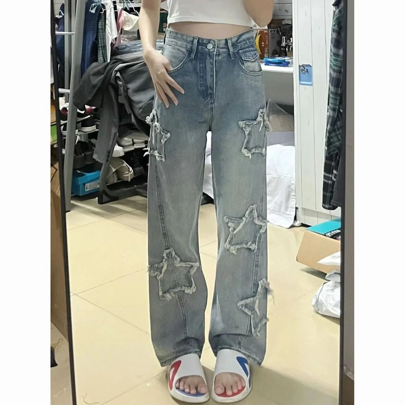 Women's Korean Style Loose Jeans Patch Star Pattern Retro Jeans High Waist Distressed Trousers Straight Leg Street Women's Pants