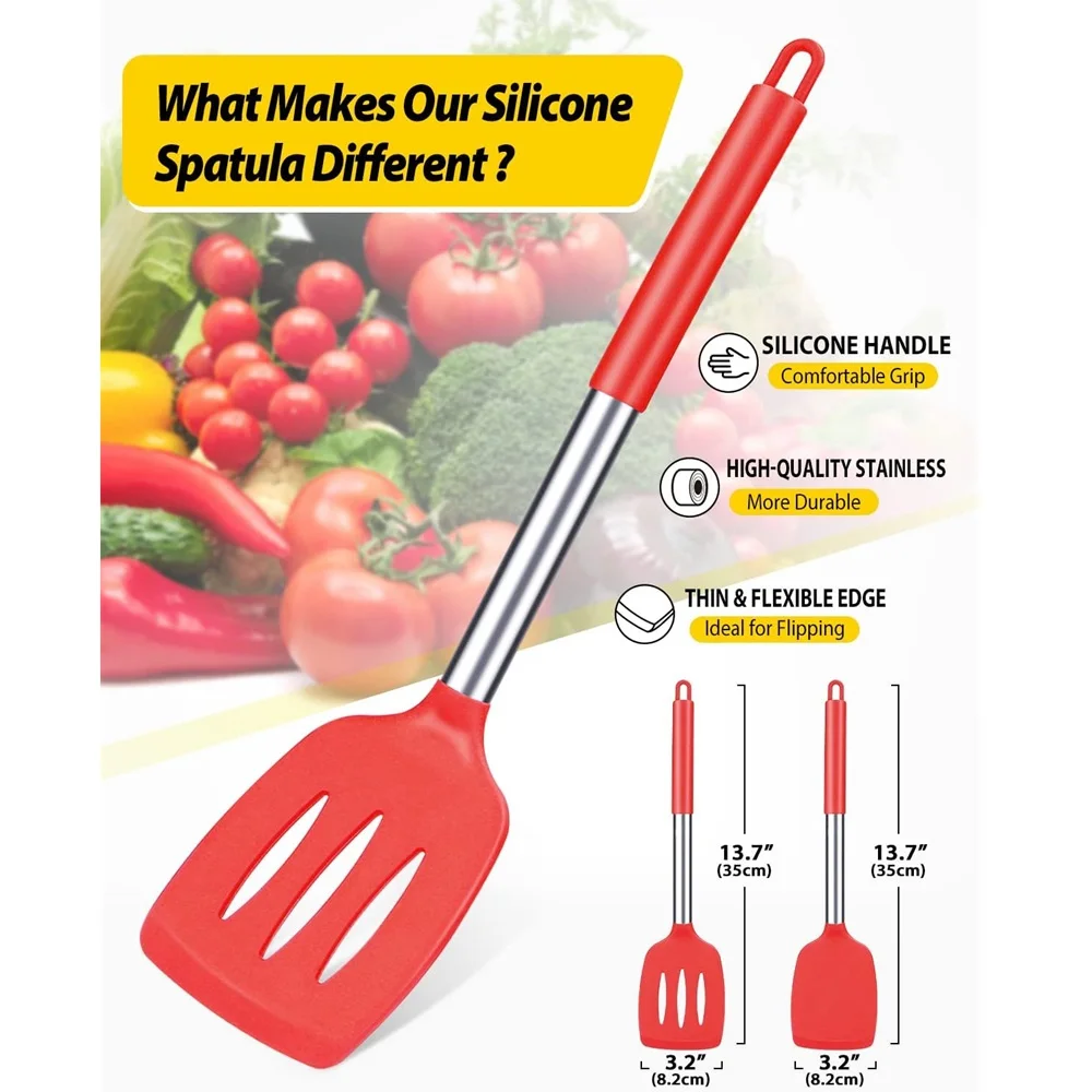 2 Pieces Silicone Spatula Kitchen Cooking Utensils Stainless Steel Tight Spatula Leaky Non-stick Cookware Kitchen Tools