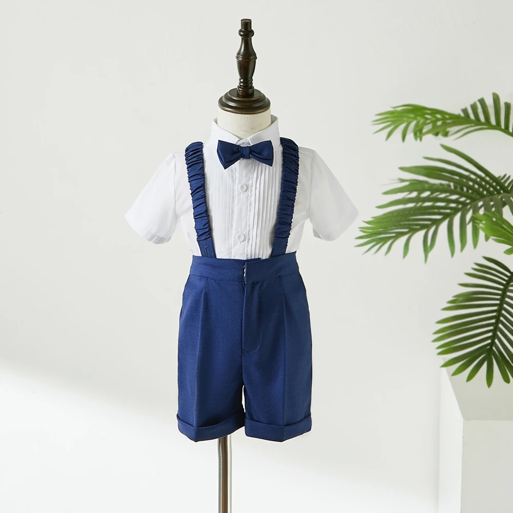 

Baby Clothing Set Kids Blue Vest Suspenders Shorts Bowtie Flower 4PS Ceremony Photograph Suit Flower Boys Performance Costume