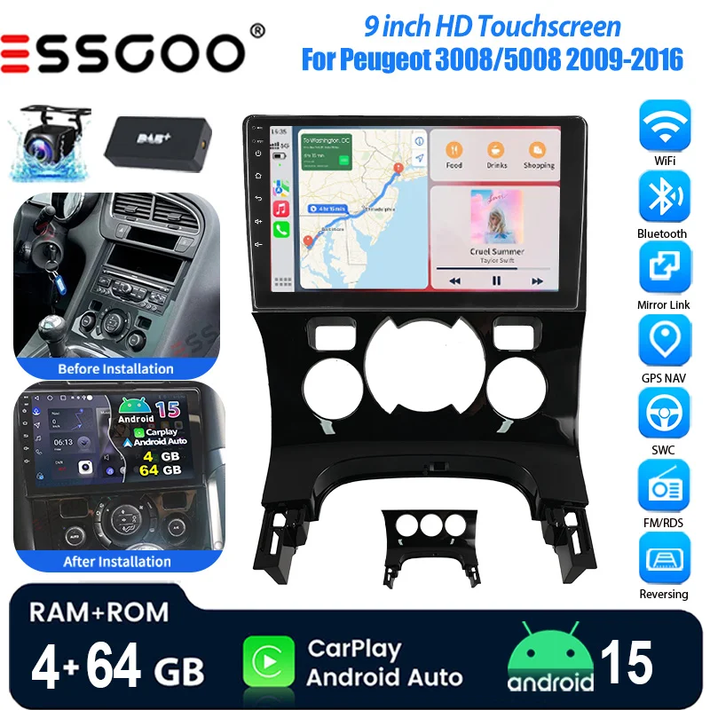 ESSGOO Android 15 Autoradio 9" 4+64 GB für Peugeot 3008 5008 2009-2016 GPS Navigation WiFi Wireless CarPlay Android Auto Bluetooth RDS Mirror Link CANBUS FM Lenkradsteuerung 2+32 GB Android 14 Kapazitiver HD-Touchscree