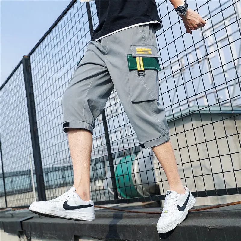 

Fashion Spliced Pockets All-match Cargo Casual Pants Men's Clothing 2024 Summer New Loose Elastic High Waist Korean Capri Pants