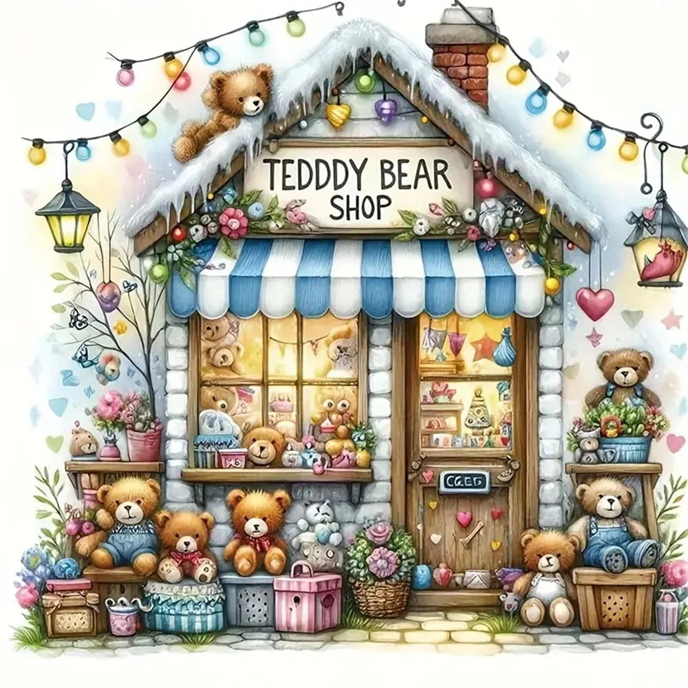 Momoart 5D DIY Diamond Painting Bear Shop Landscape Craft Kit Diamond Mosaic House Cross Stitch Embroidery Holiday Gifts
