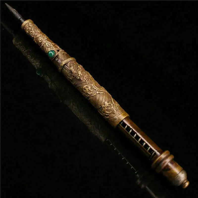 8.66" Antique Chinese purple copper inlay gem Dragon head Sleeve arrow sword 3
