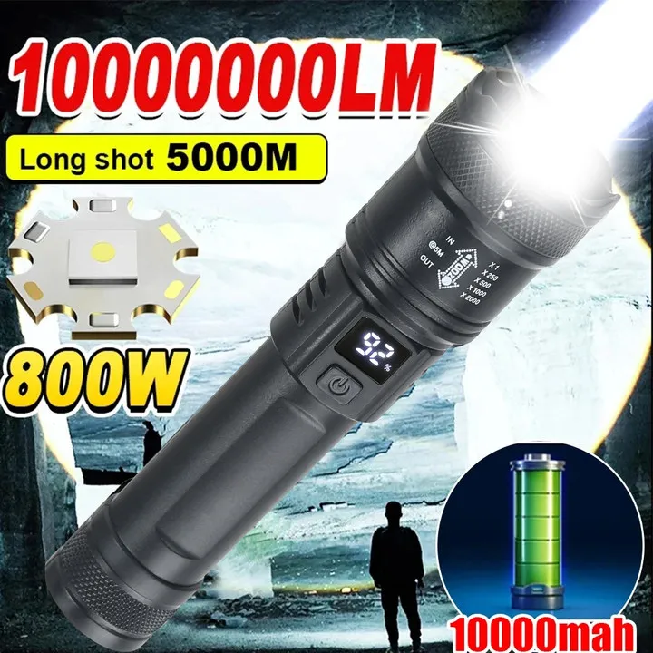 Super Bright Led Flashlight 2000LM Tactical Torch with Power Display USB Rechargeable Camping Fishing Emergency Zoom Lantern