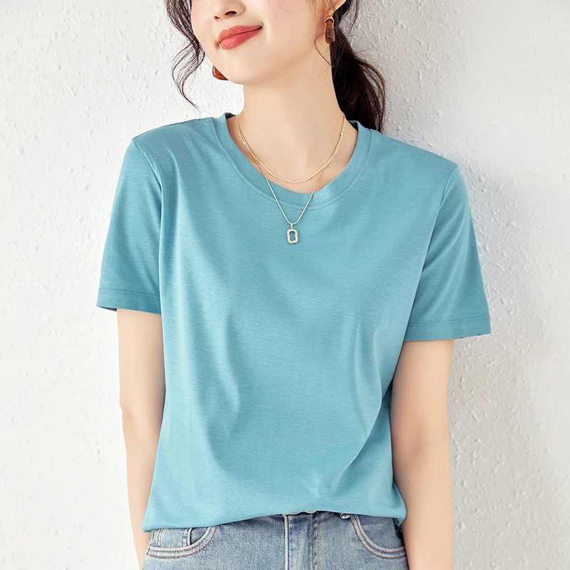 2025 Summer Soft Silk Cotton Women's T-shirts O-neck Short Sleeve