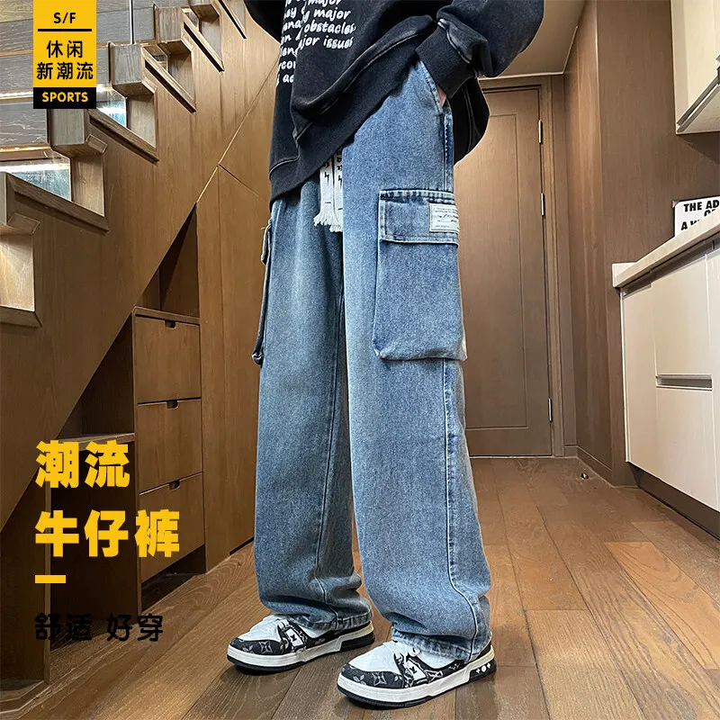 Neue Herren-Jeans aus Baumwolle 2026 Frühling Herbst Jugend Hip-Hop Streetwear Lässige Gerade Jeans mit Lockerem Kordelzug-Bund – Detail 7