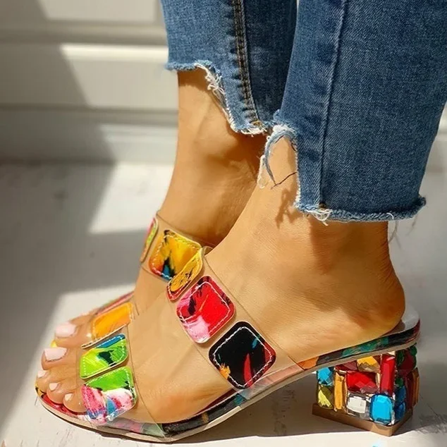 Women Wedge Sandals Square Heels Summer Peep Toe Multi Colors