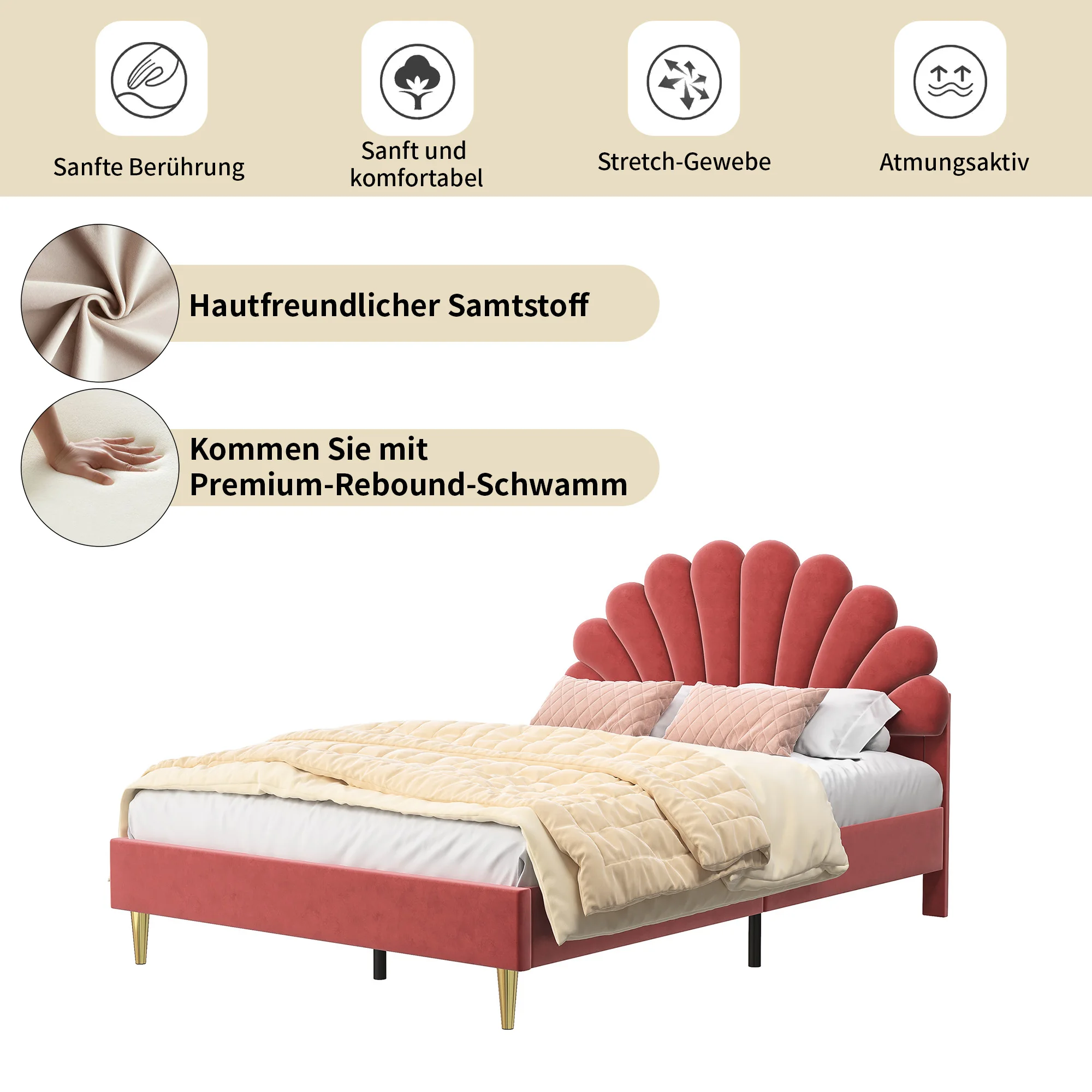 Rosahqnda Kinderbett, Einzelbett, Polsterbett, 90 x 200 cm, florales Kopfteil und Lattenrost, Samtstoff, Mädchenbett, ohne Matratze – Detail 24