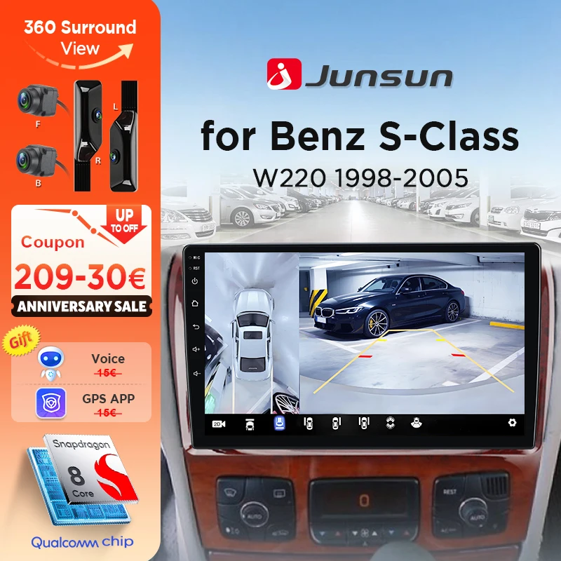 Junsun 360° ° Panoramakamera-Autoradio für Mercedes Benz S-Klasse W220 1998–2005, kabelloses CarPlay Android Auto Stereo GPS Navi