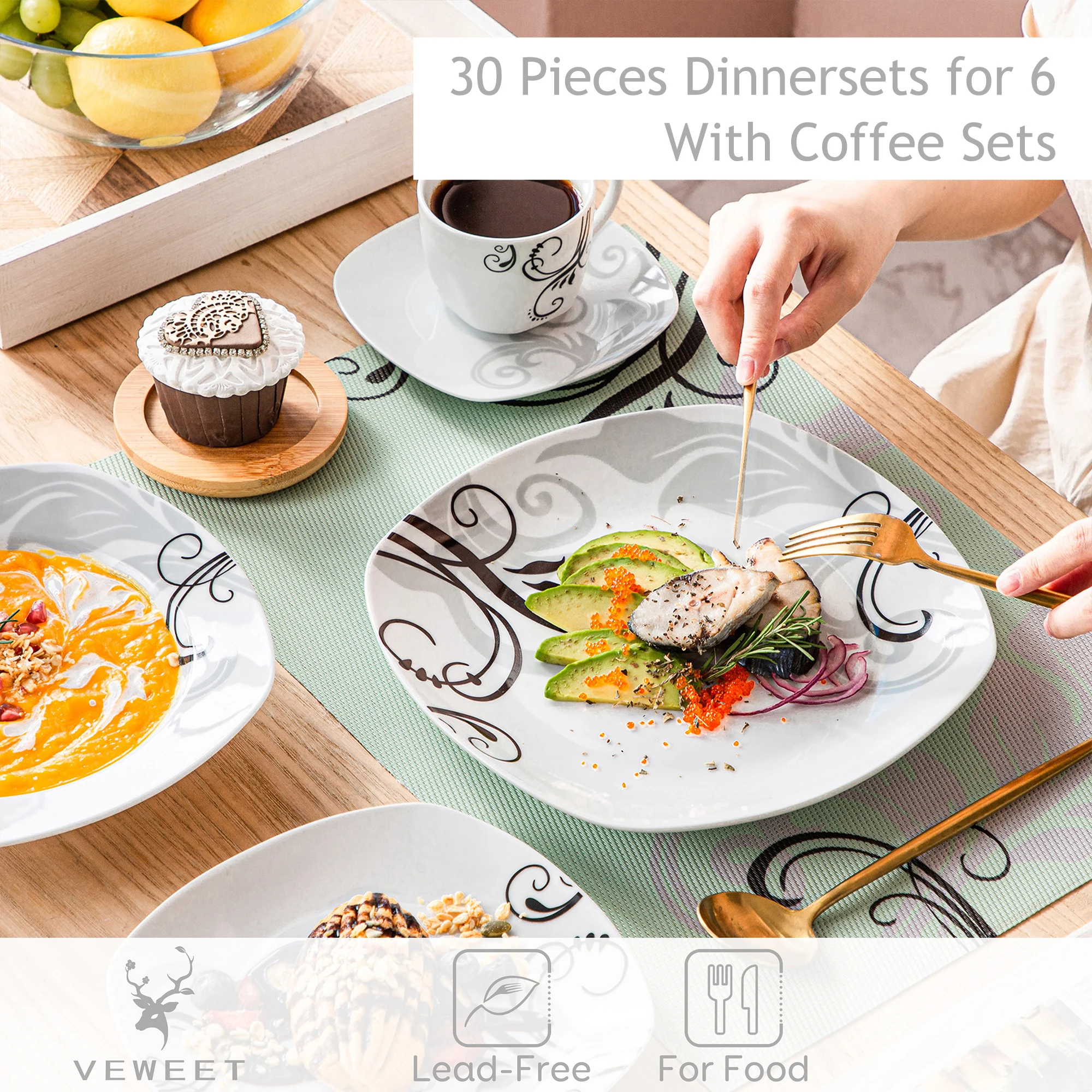 Ensemble de vaisselle en porcelaine, 30/60 pièces, avec motif de noël, avec  tasse, soucoupe, Dessert, soupe, service de table