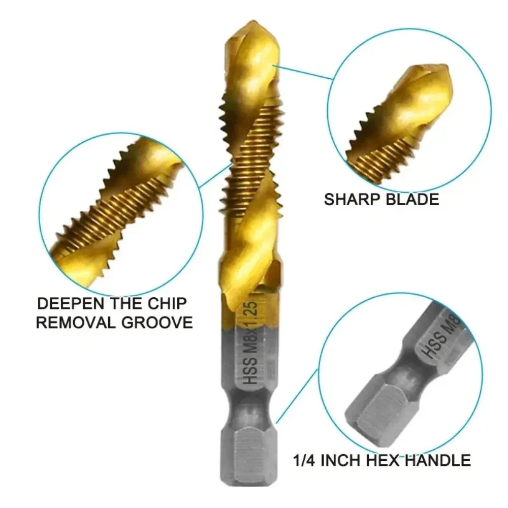 Multi Functional HSS Drilling Tapping Integrated Spiral Tap Hand-held Electric Drill Tap Tool Chamfer Machine Composite 6pcs
