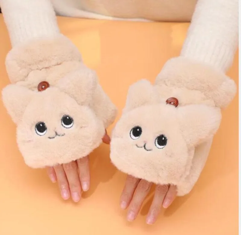 

Winter Fur Rabbit Mittens Fingerless Gloves Plush Warm Soft Cute Cat Ears Flip Thick Gloves for Women Flexible Half Finger