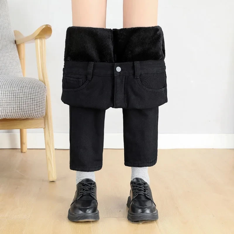 Winter Women Warm Elastic High Waist Denim Pants Casual Plus Velvet Ankle length Vaqueros Korean Thicken Plush Straight Jeans