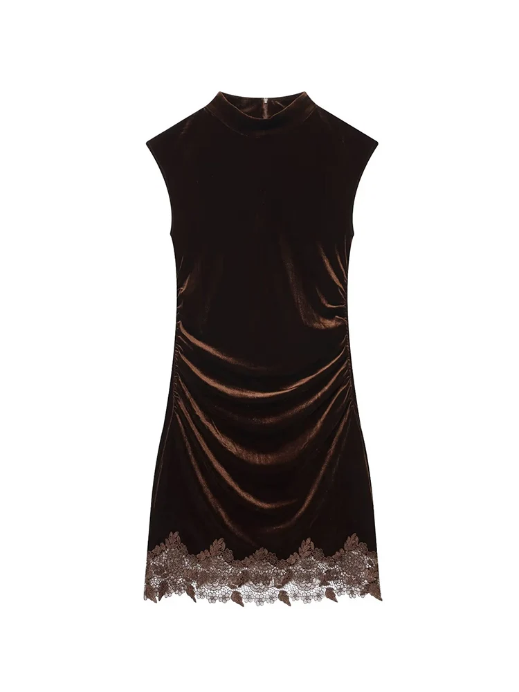 Sexy Women Lace Trim Velvet Mini Dress Fashion Draped Slimming Sleeveless Splice Dresses Female Elegant Solid Short Dress