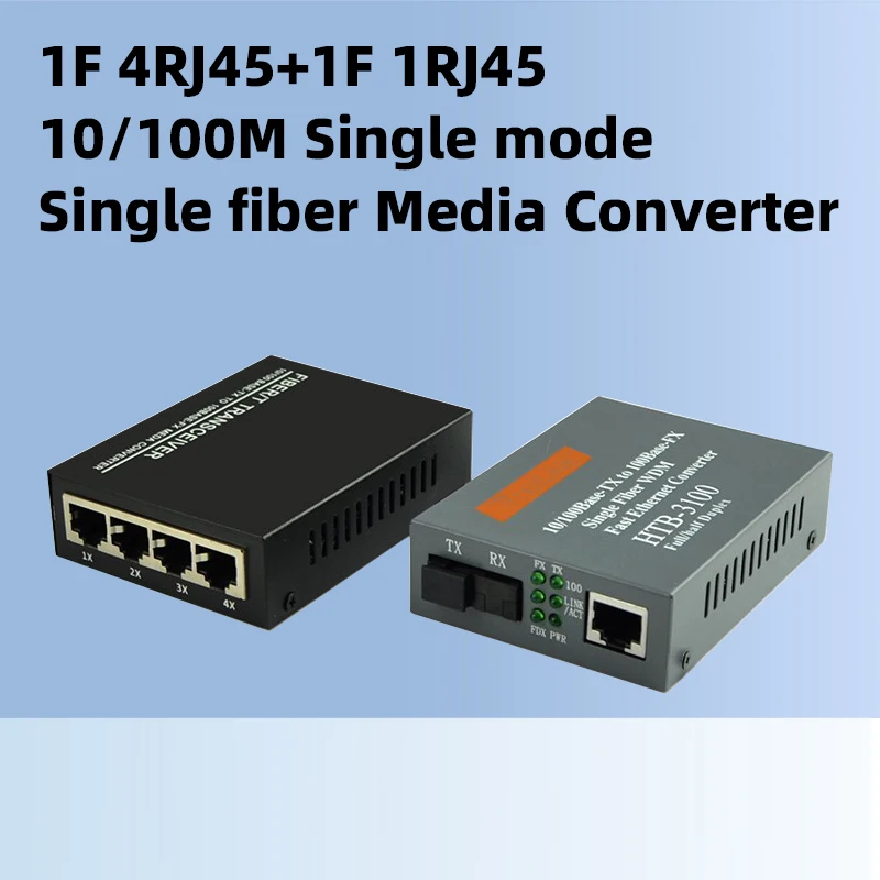 Netlink SC 1 Fiber Port + 4 RJ45 Port 10/100M Singlemode Singfiber Media Converter Fiber Transceiver 20KM 1Pair htb 3100 ab fiber media converter rj45 20km 10 100m netlink media converter htb 3100 1 pair
