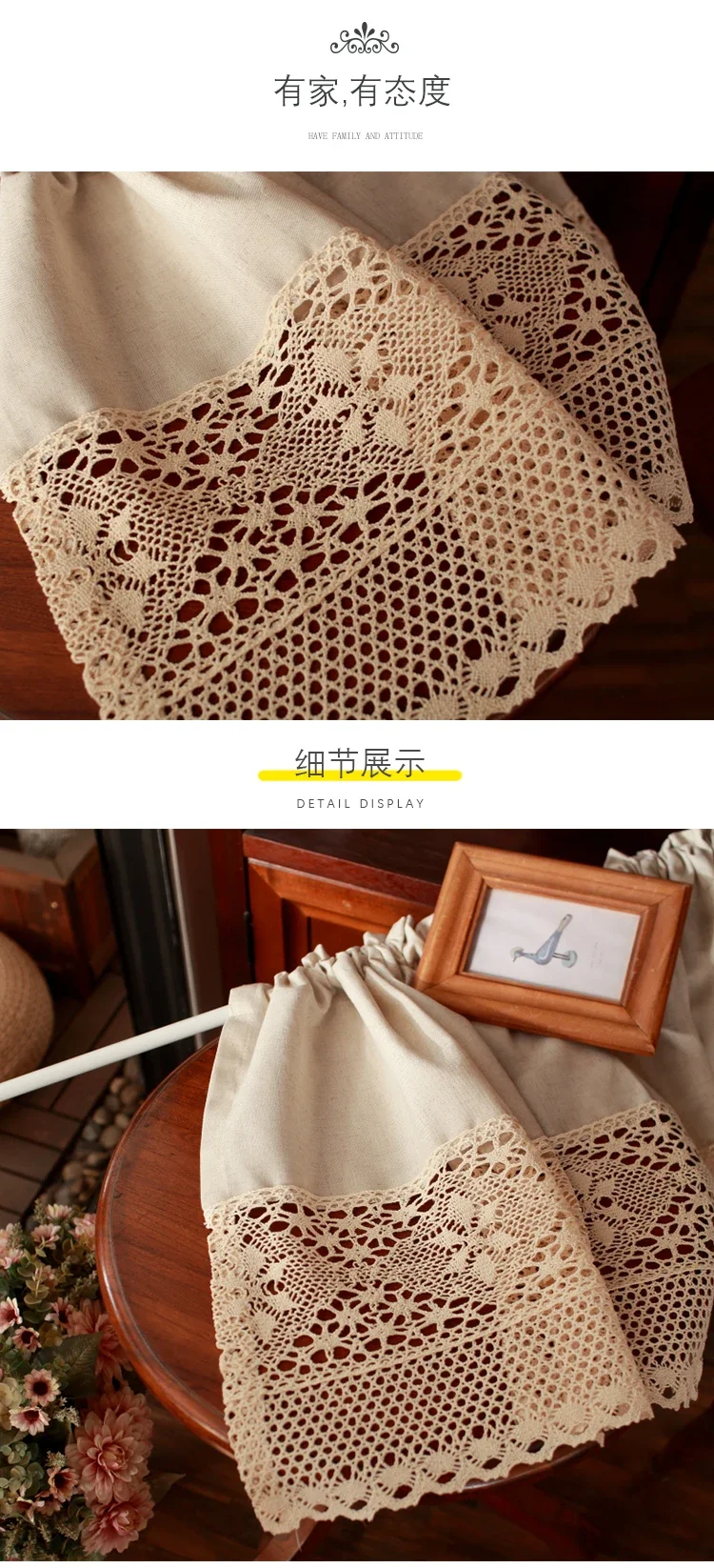 Description Picture 5 of itemHandmade Cotton Linen Kitchen Short Curtains Crochet Lace Hollow Tassel Beige Valance Curtains Cafe Kitchen Door Window Drapes