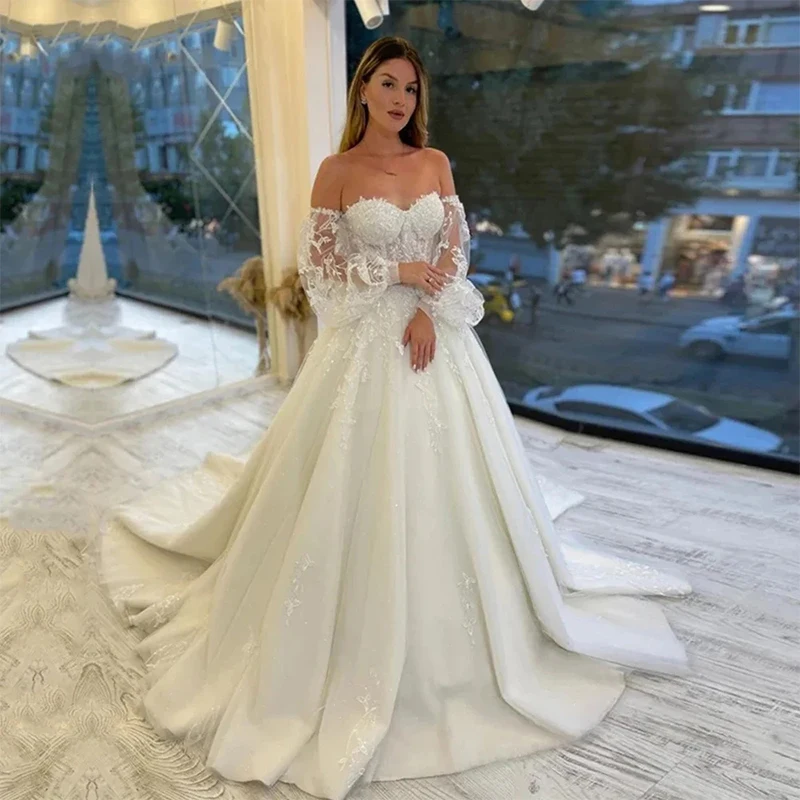 

Princess Puffy Sleeves Bride Gown Off-The-Shoulder Wedding Dresses Backless Lace-Up Floral Appliques Vestidos De Novia