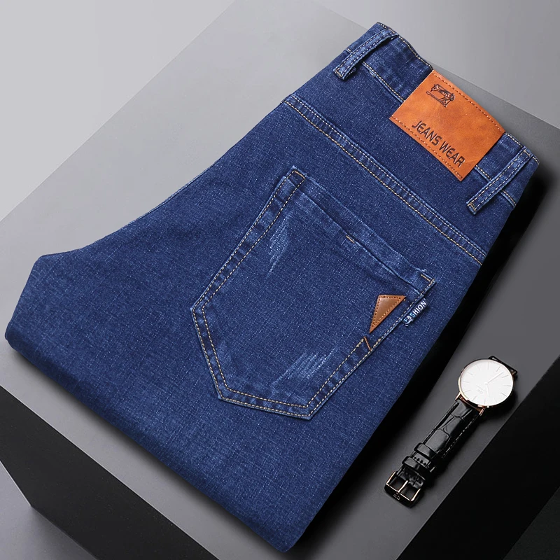 Commute Elastic Slim Straight Trousers Spring Summer Autumn Business Casual Men's Clothing Zipper All-match Solid Color Jeans