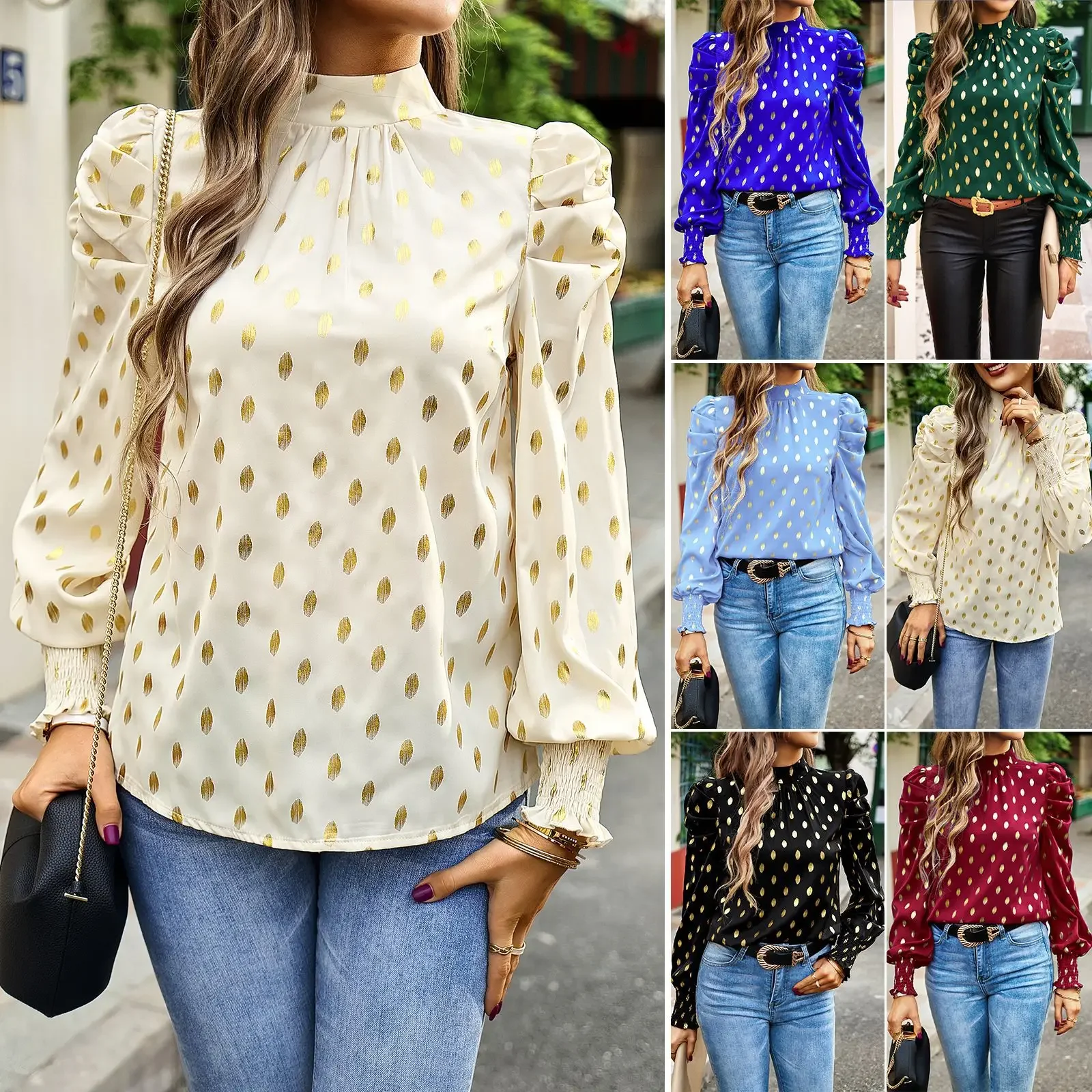 

New Half High Collar Long Sleeve Women Blouse Dot Tops Temperament Commuter T-shirt Spring and Autumn Casual Loose Women Clothes