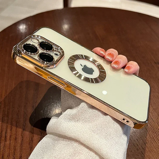 thumbnail image 1 of Luxury Plating Charm Logo Hole Hollow Case For iPhone15 14 13 11 12 Pro XR XS Max 7 8 Plus SE3 Soft Transparent Shockproof Cover, 1 of 5