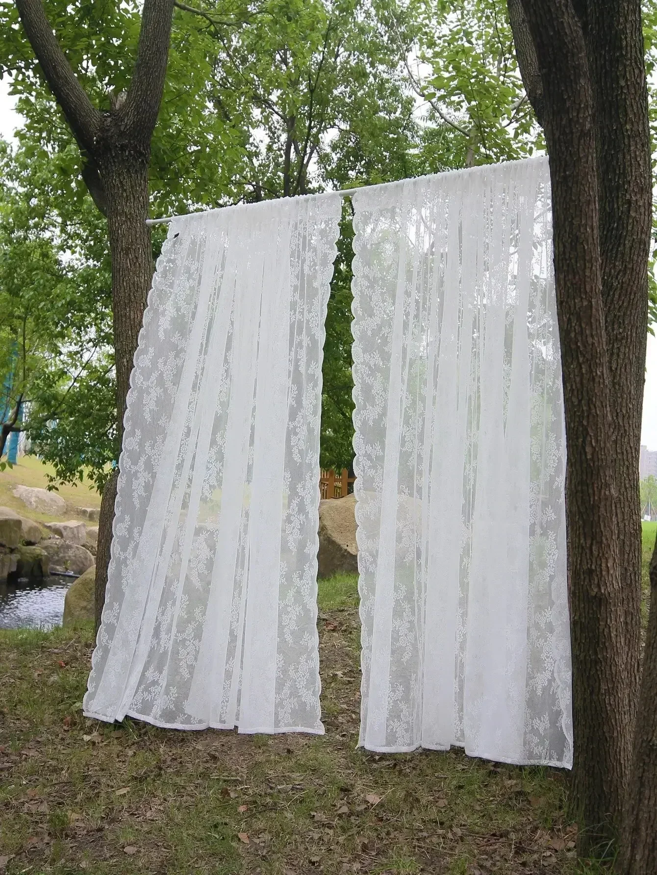 Curtains Suitable for Filtering Light in Living Room Windows, One Piece Set White French Lace Semi Transparent Rod 4