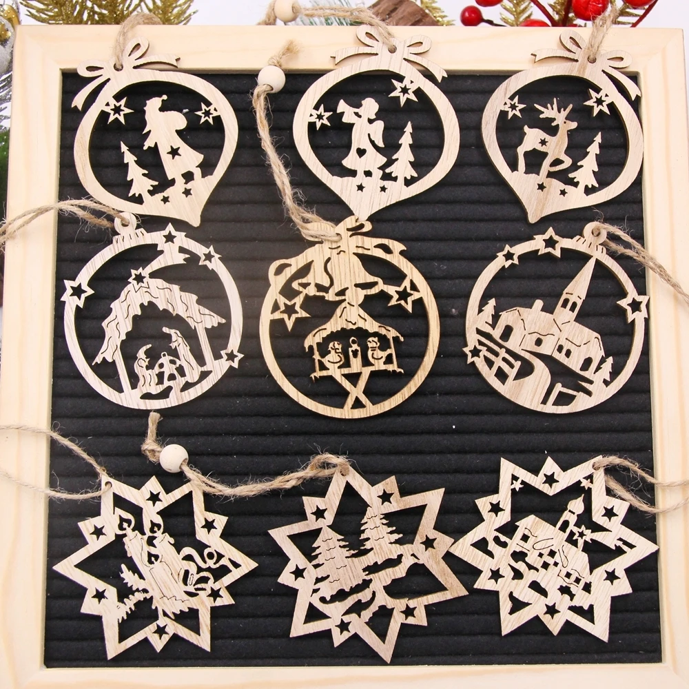 Christmas Wooden Pendants Hollowed Bell/Star/Ball Hanging Ornaments Naviada Home Party Tree Decor DIY Painting Noel Gift 9Pcs