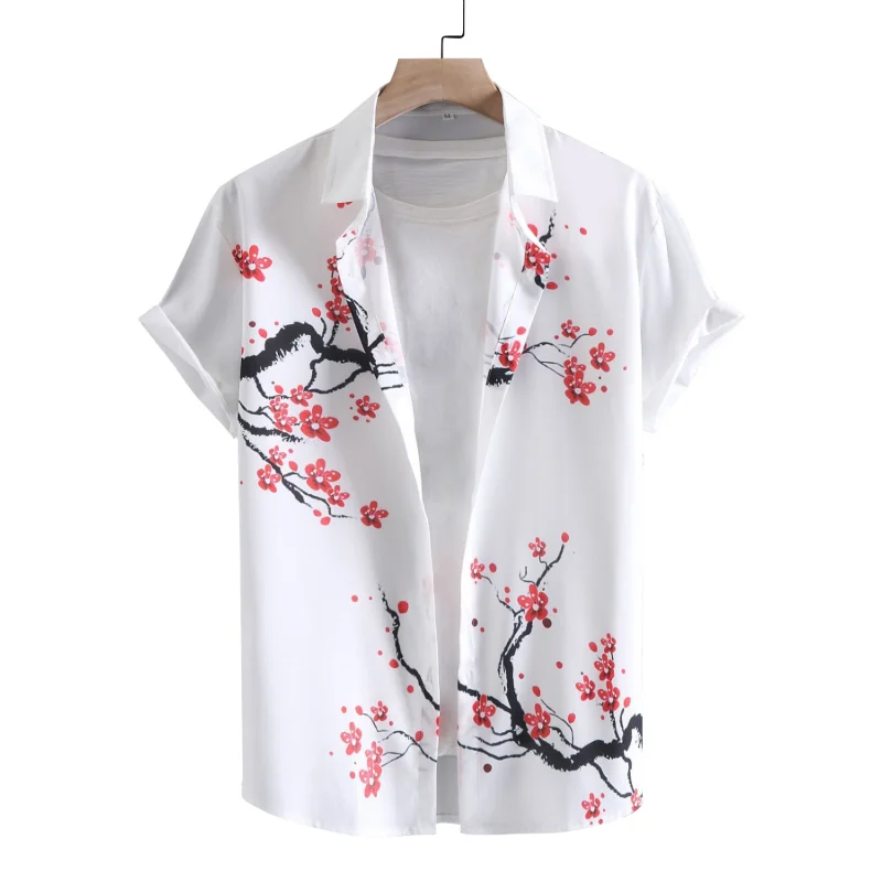 

Men's casual ink painting plum blossom print short sleeved shirt beach shirt