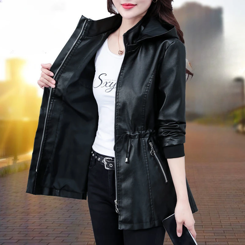 2023 Autumn New Women Leather Coat Mid-Length Large Size Loose Casual PU Trench Coat Female Fashion Detachable Hooded Jacket