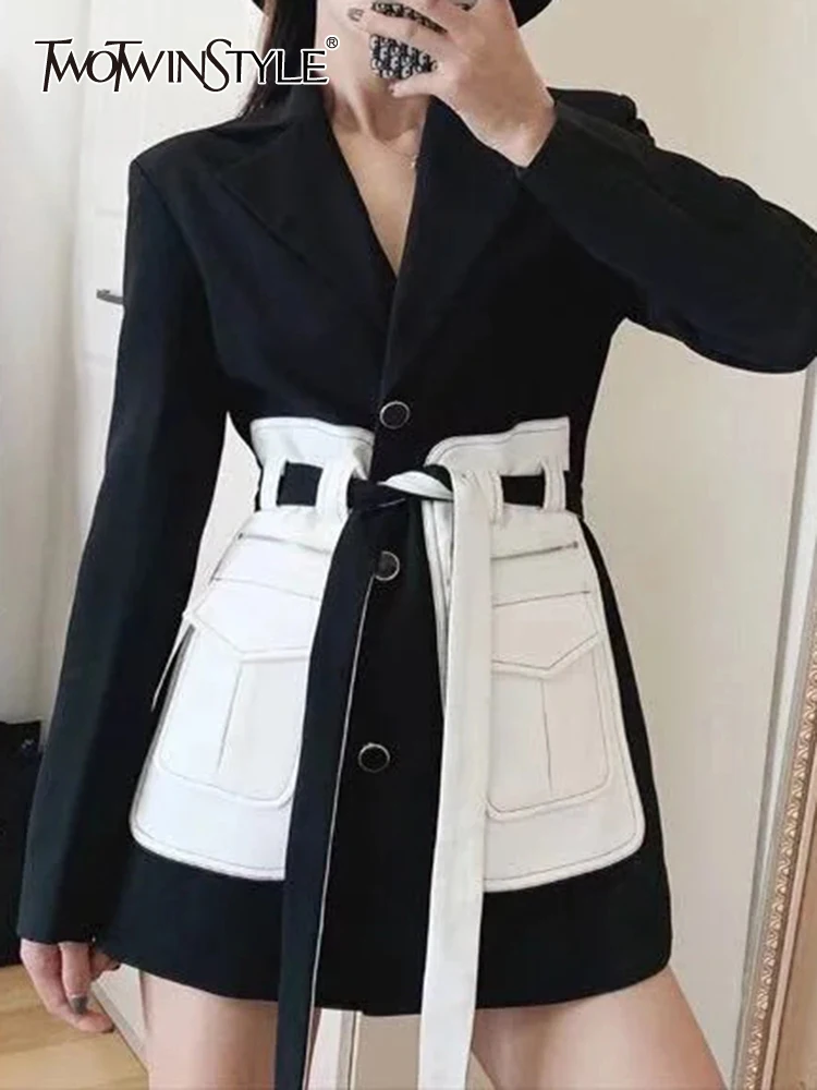 

TWOTWINSTYLE Hit Color Casual Blazers For Women Notched Collar Long Sleeve Patchwork Lace Up Tunic Chic Blazer Female Fashion