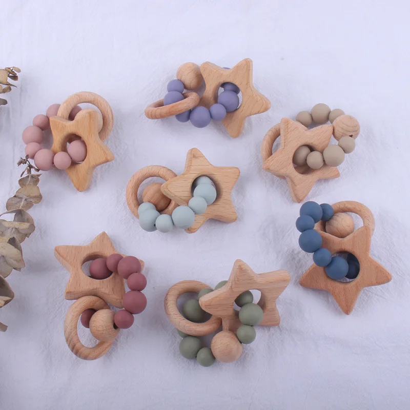 Wooden Toys Baby Stars Bracelets Beech Teether Silicone Beads Teething