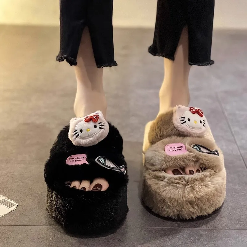 

Женские плюшевые тапочки Hello Kitty, модные Мультяшные тапочки Sanrio Kt, универсальные домашние тапочки на толстой нескользящей подошве для осени и зимы