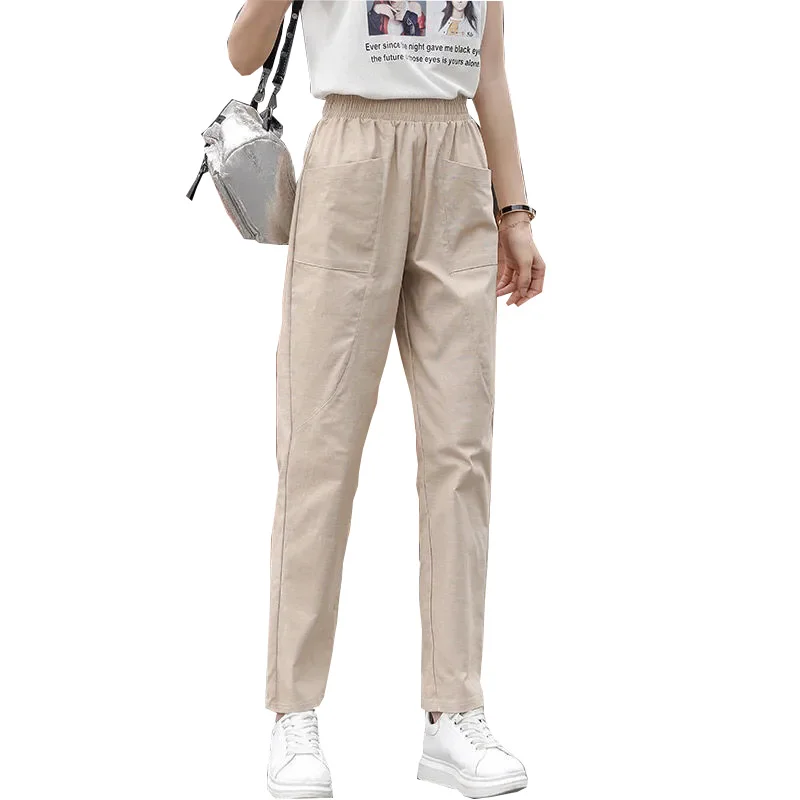 Womens Spring Summer Harem Pants Cotton Linen Solid Elastic waist khaki Colors Harem Trousers Soft high quality for Female ladys