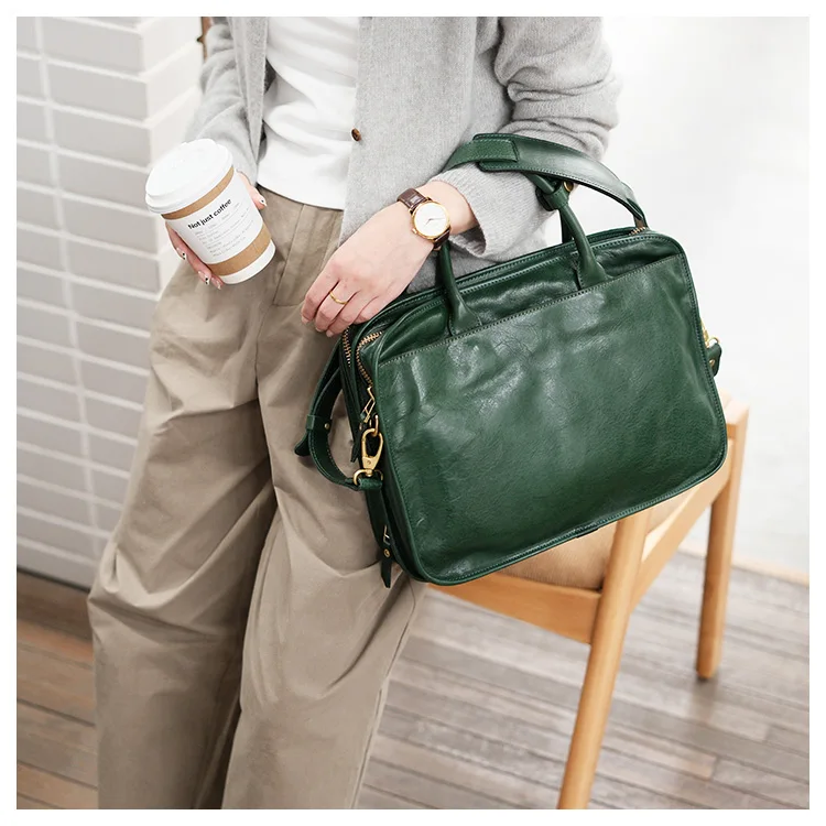 Vintage Luxus handgefertigte echtes Leder große Kapazität Damen Aktentasche Modedesigner Erste Schicht Rindsleder Laptop Handtasche – Detail 4