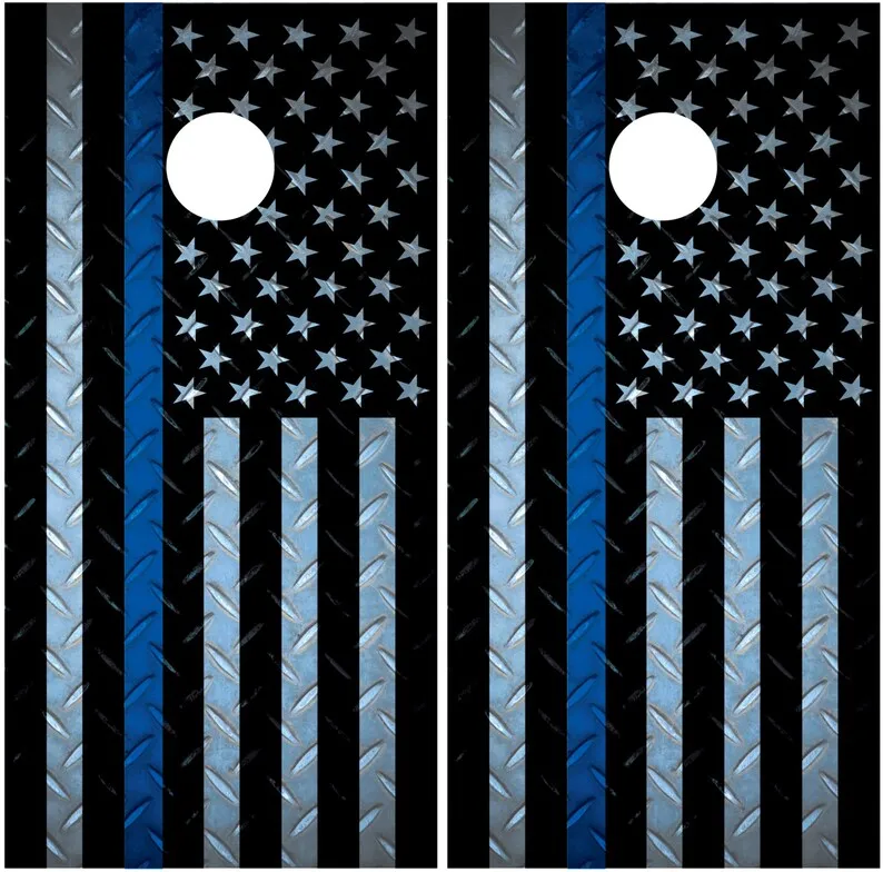 

Police Blue Line Diamond Plate American Flag Cornhole Decal Wrap