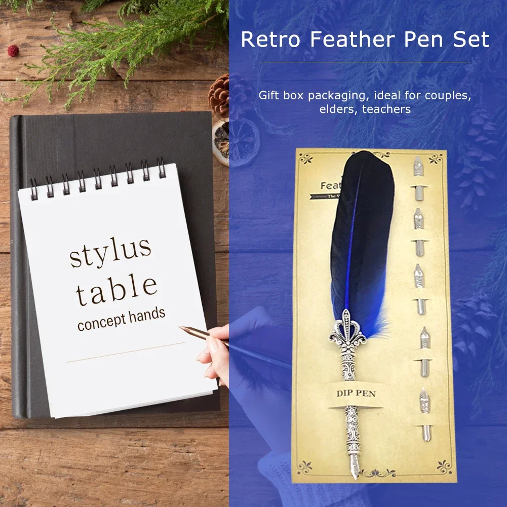 1 Set Vintage Feather Pen with 5 Pen-Nibs Oblique Pen Set Retro Calligraphy Feather Dip Pen Creative Birthday Holiday Gift Set