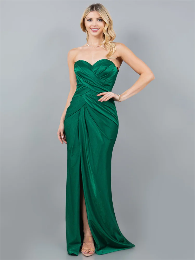 

Hot Selling Strapless Sweetheart Bodice Satin Straight Prom Dress Elegant Open Back Zipper High Slit Sweep Train Gown For Women