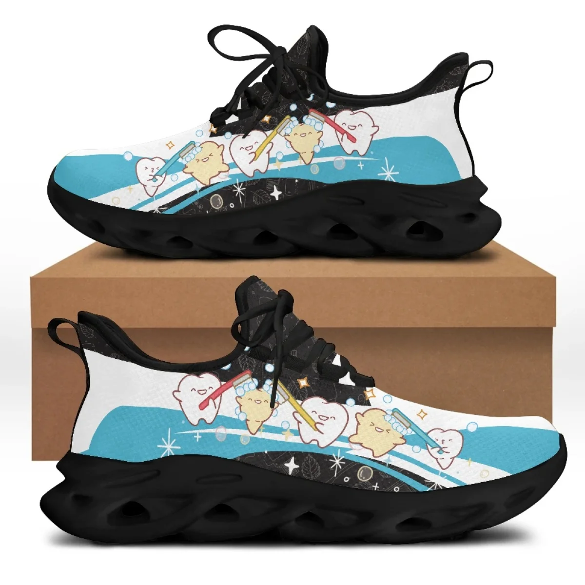 Yikeluo Cartoon Tooth Pattern Girls Mesh Swing Sneakers Comfort Lace up Platform Shoes for Women Dental Design Zapatillas