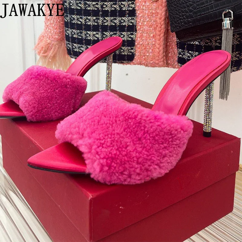 

Elegant Ladies High Heel Wool Fur Slippers 2023 Brand New Summer Dress Slides Sexy Pointed Toe Stiletto Women Party Shoes