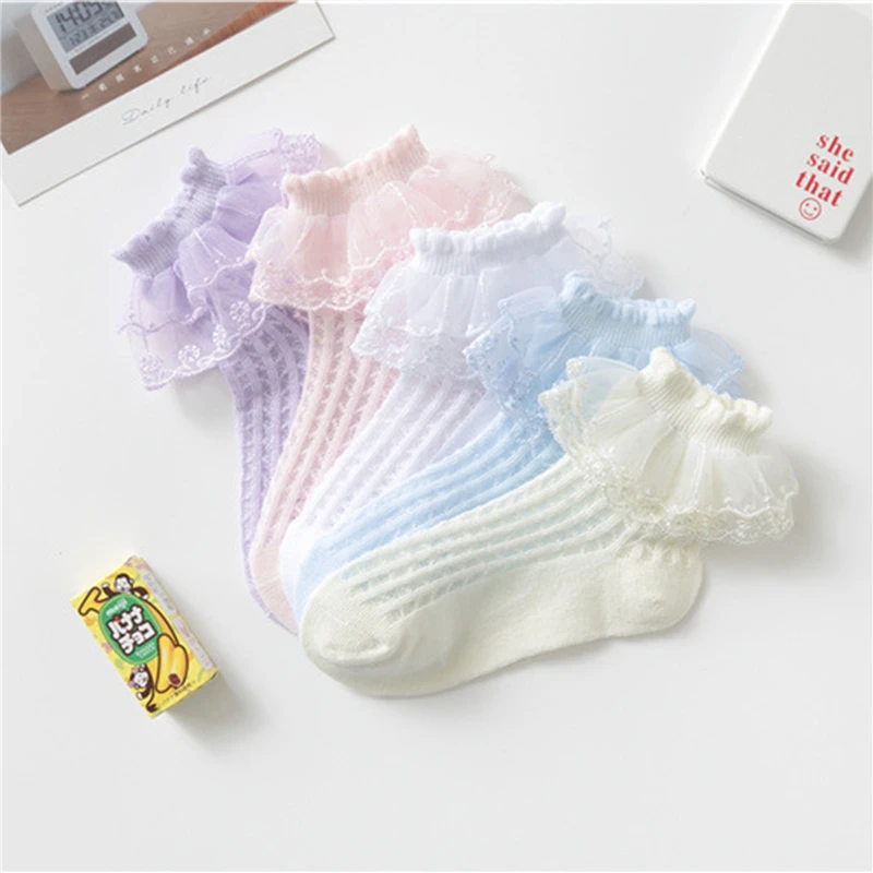 Fashion Newborn Toddlers Girls Lace Ruffled Socks Frilly Cotton Ankle Socks with Lacework Decoration 1-10Y