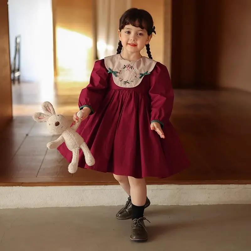

Girls Lolita Tutu Vintage Children Dress Baby Spring Autumn Cotton Embroidered Red Dress for 2 To 7 Years Old Kids Clothes
