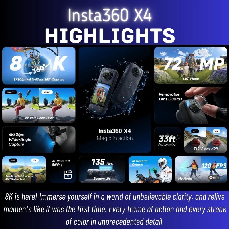 Insta360 X4 360 Action Camera 8K 72MP Magic In Action Active HDR 2.5 TouchScreen Waterproof AI Powered Insta 360 X4 Original Cam 6