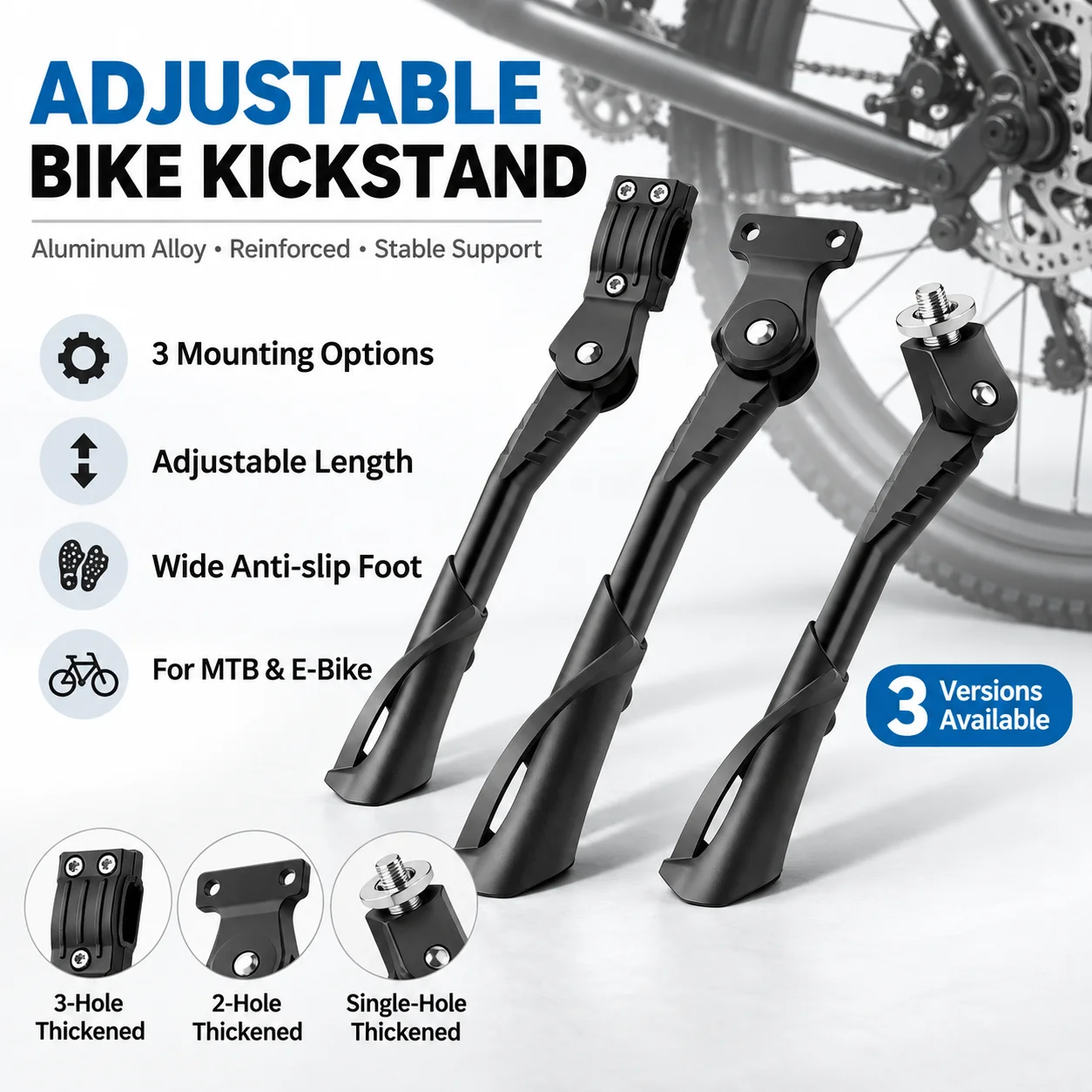Heavy Duty Aluminum Alloy Adjustable Bike Kickstand with Anti-Slip Design