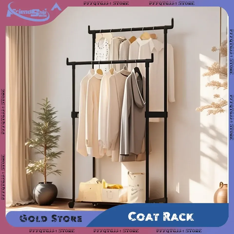 Clothes Rack Movable Telescopic Floor Standing Hanger with Wheels for Bedroom Telescopic Storage Organizer Shoe Hat Coat Shelf