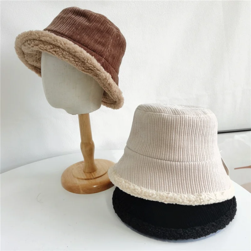 

Double sided corduroy fisherman hat Autumn Winter warm women's Lamb fur faux fur stylish Panama hat