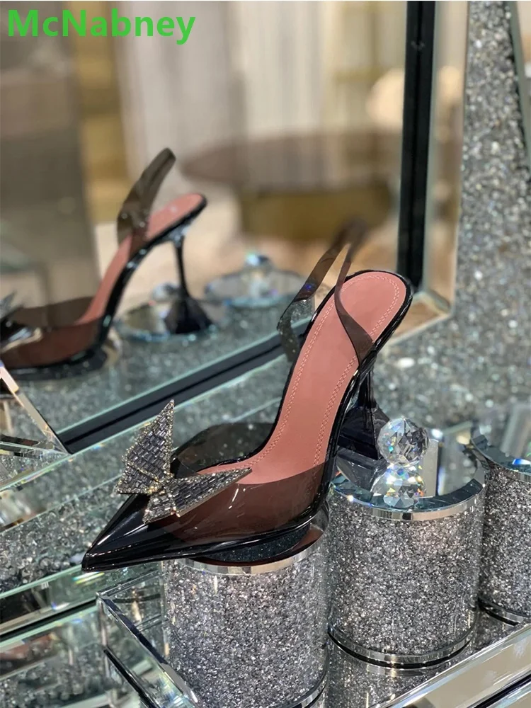 

Clear PVC Butterfly-knot Crystal Sandals For Women Pointed Toe Strange Heel Slingback Back Strap Solid Sexy Fashion Summer Shoes