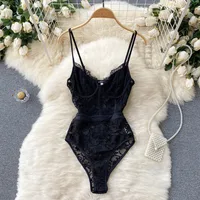 Ins Fashion Women Black Lace Bodysuit Sexy Spaghetti Strap Sleeveless Hollow Out Slim Fit Body Top 2025 summer Female Overalls