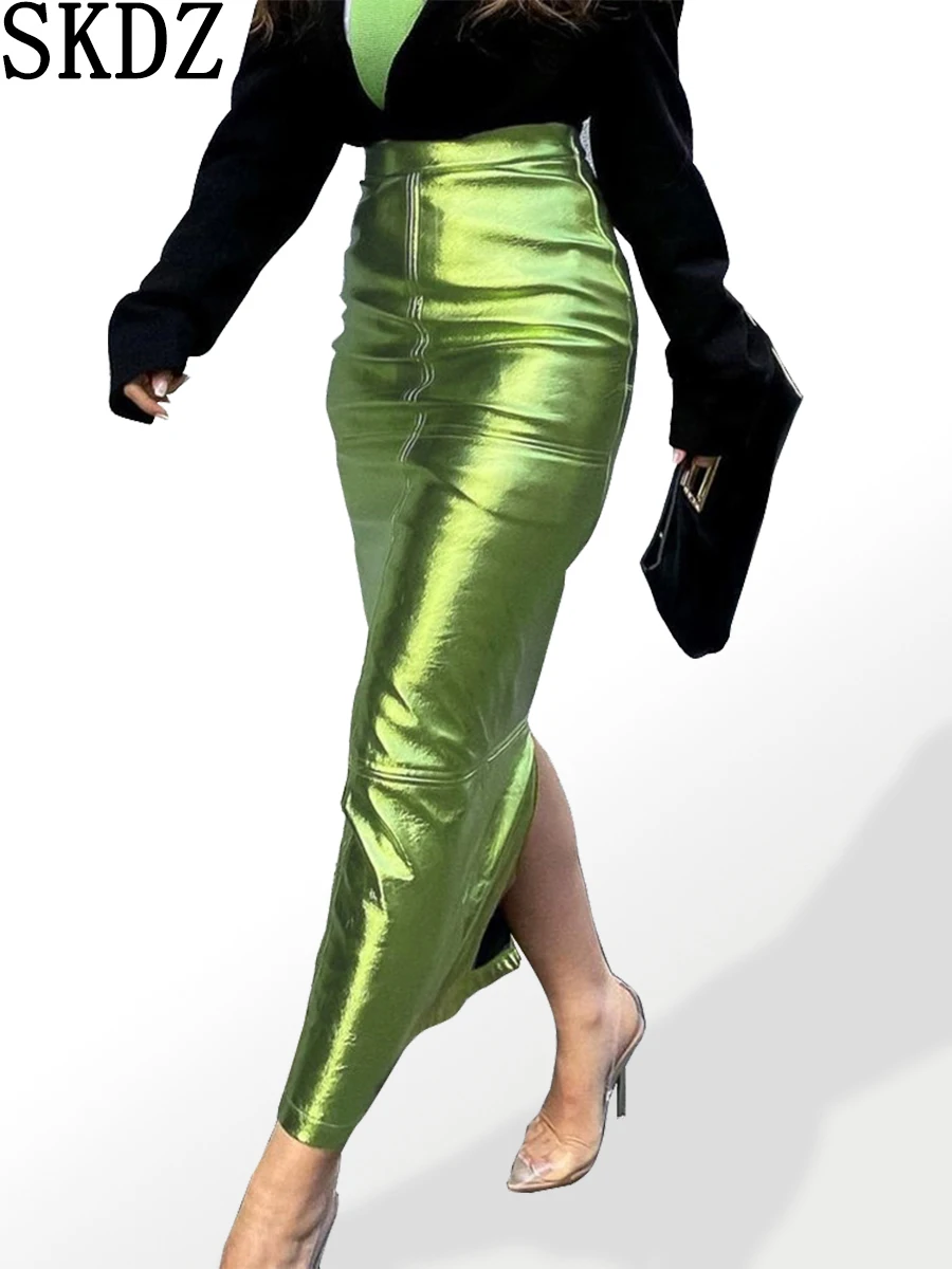 

Faux Leather PU Skirt Street Solid Patchwork Slit Regular High Waist Conventional Solid Color Bottoms