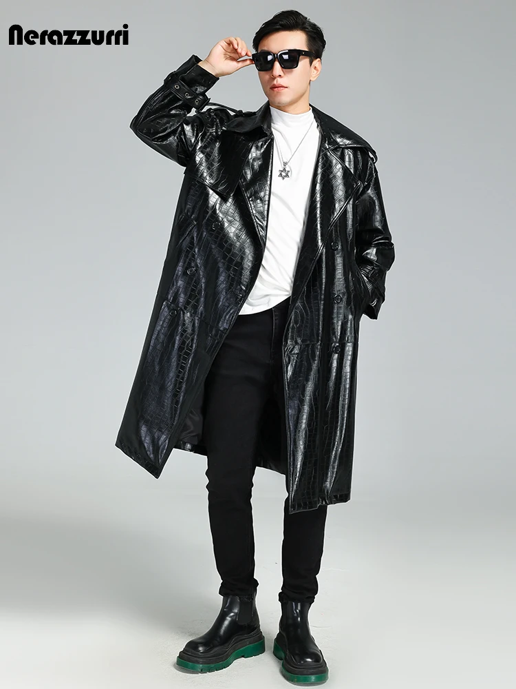 NerazzurriAutumnWinterLongBlackCrocodilePrintPuLeatherTrench