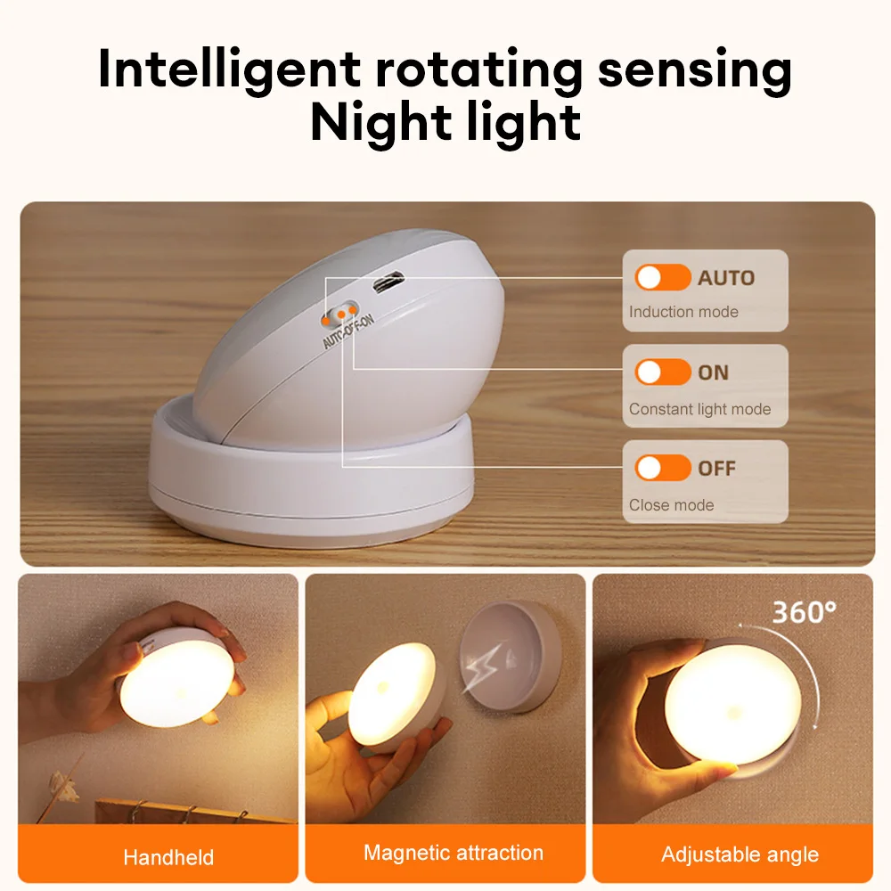 360 Rotated PIR Motion Sensor LED Night Light Wall Lamps Rechargeable Under Cabinet Light Wireless Closet Night Lamp