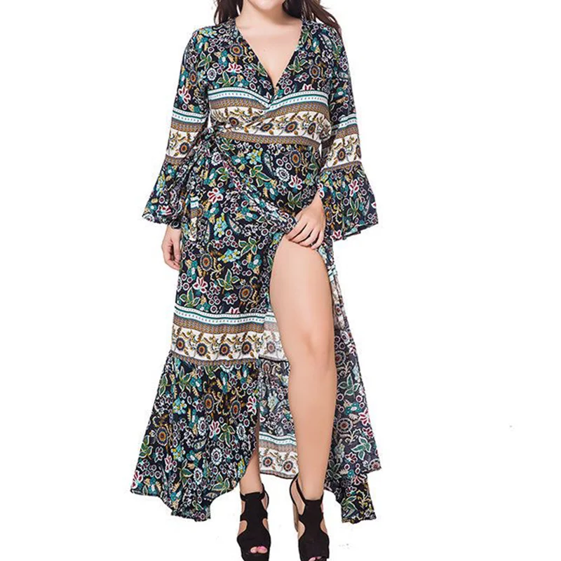 Artificial Cotton Vintage Print Plus Size Womens Bohemian V-Neck Splicing Ruffles Flare Three Quarter Sleeve Lace-up Long Dress